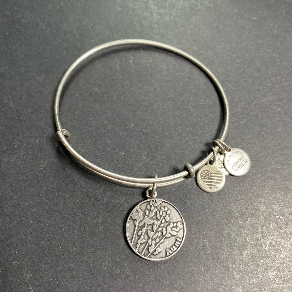 Alex and Ani expandable bracelet, silver tone, silver tone aunt charm